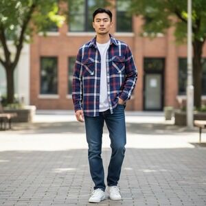 Alpine Design Shirt Jacket Mens M Navy Trail Ridge Plaid Hike Midweight Flannel